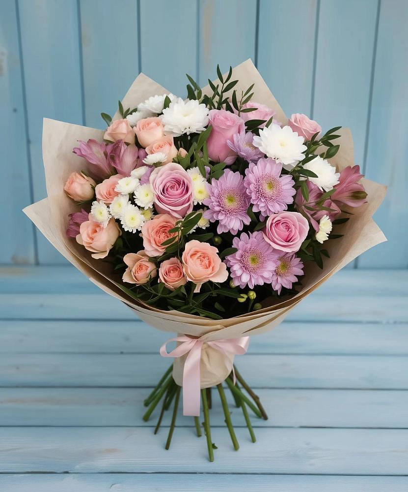 Букет цветов из: Хризантемы, Розы и Альстромерии в Ассоколае