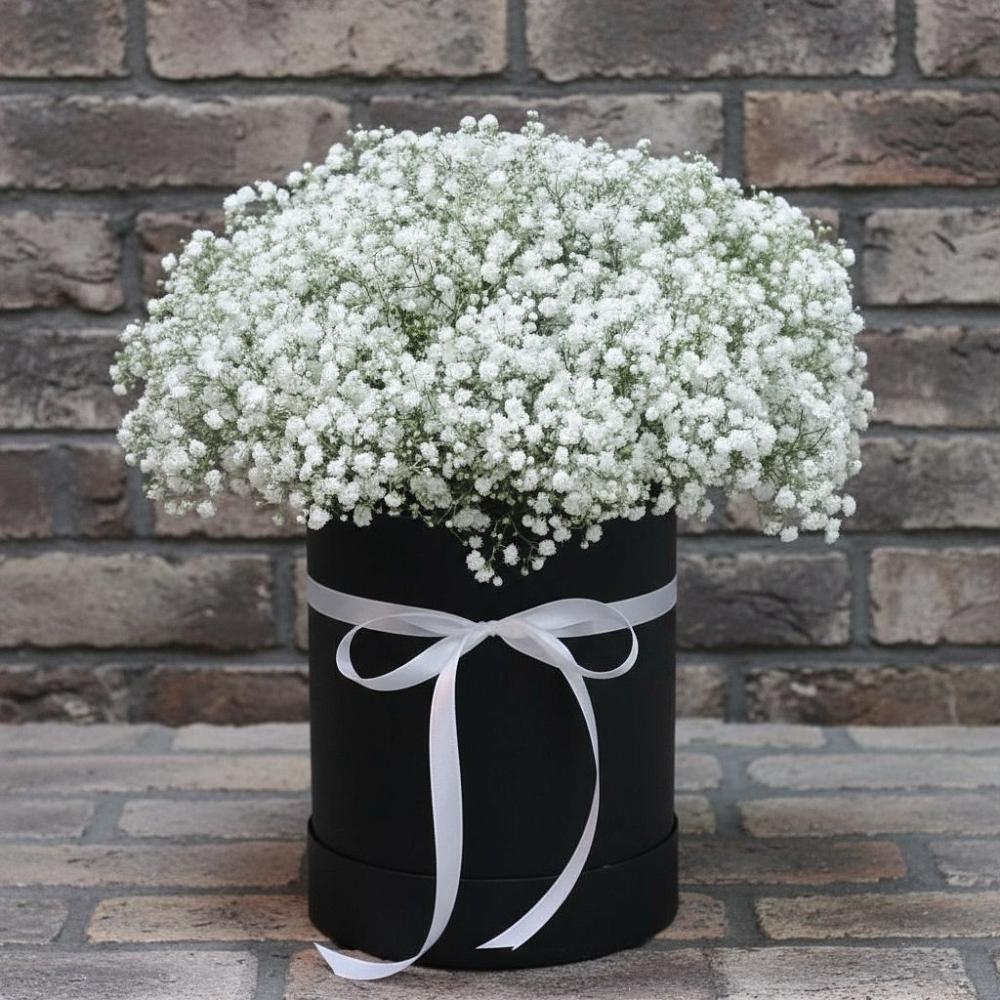 Цветочная композиция из Гипсофила в шляпной коробке в Ассоколае