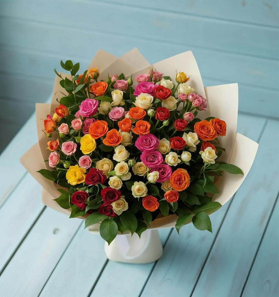 Букет Микс из разноцветных кустовых роз в Ассоколае