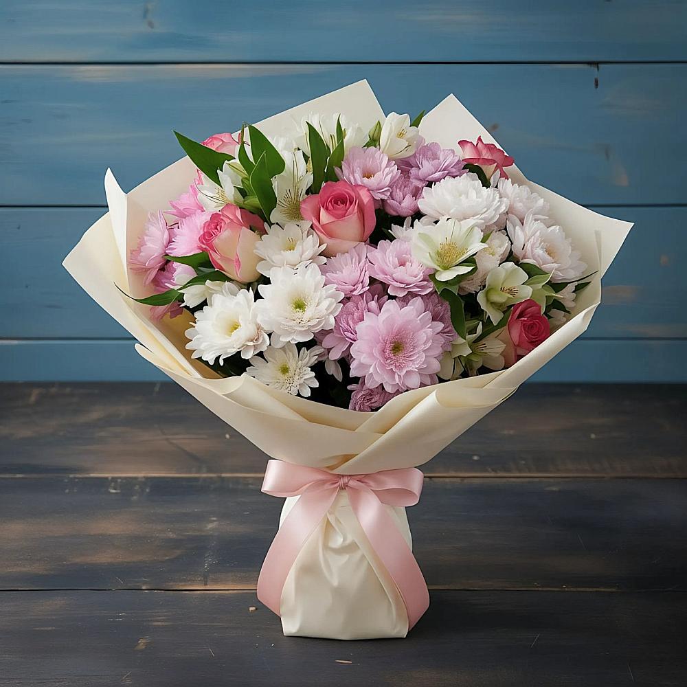 Букет цветов из: Хризантемы, Альстромерии и Розы в Ассоколае